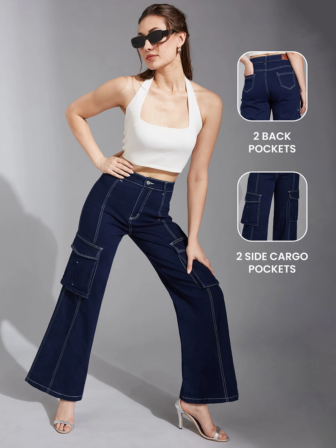 Shopping Day Slim 24/7 Comfort Navy-Blue Wide-Leg High-Rise Stretchable Baggy Denim Jeans