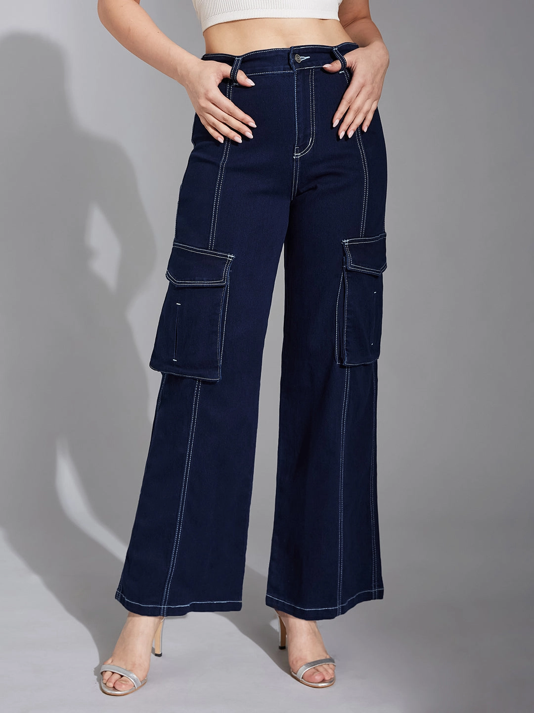 24/7 Comfort Navy-Blue Wide-Leg High-Rise Stretchable Baggy Denim Jeans Everyday Pick Cropped length
