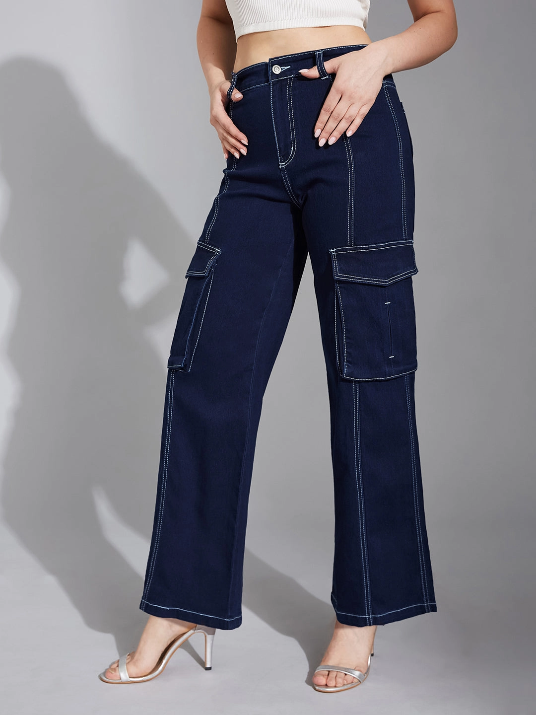 Weekend Ready 24/7 Comfort Navy-Blue Wide-Leg High-Rise Stretchable Baggy Denim Jeans