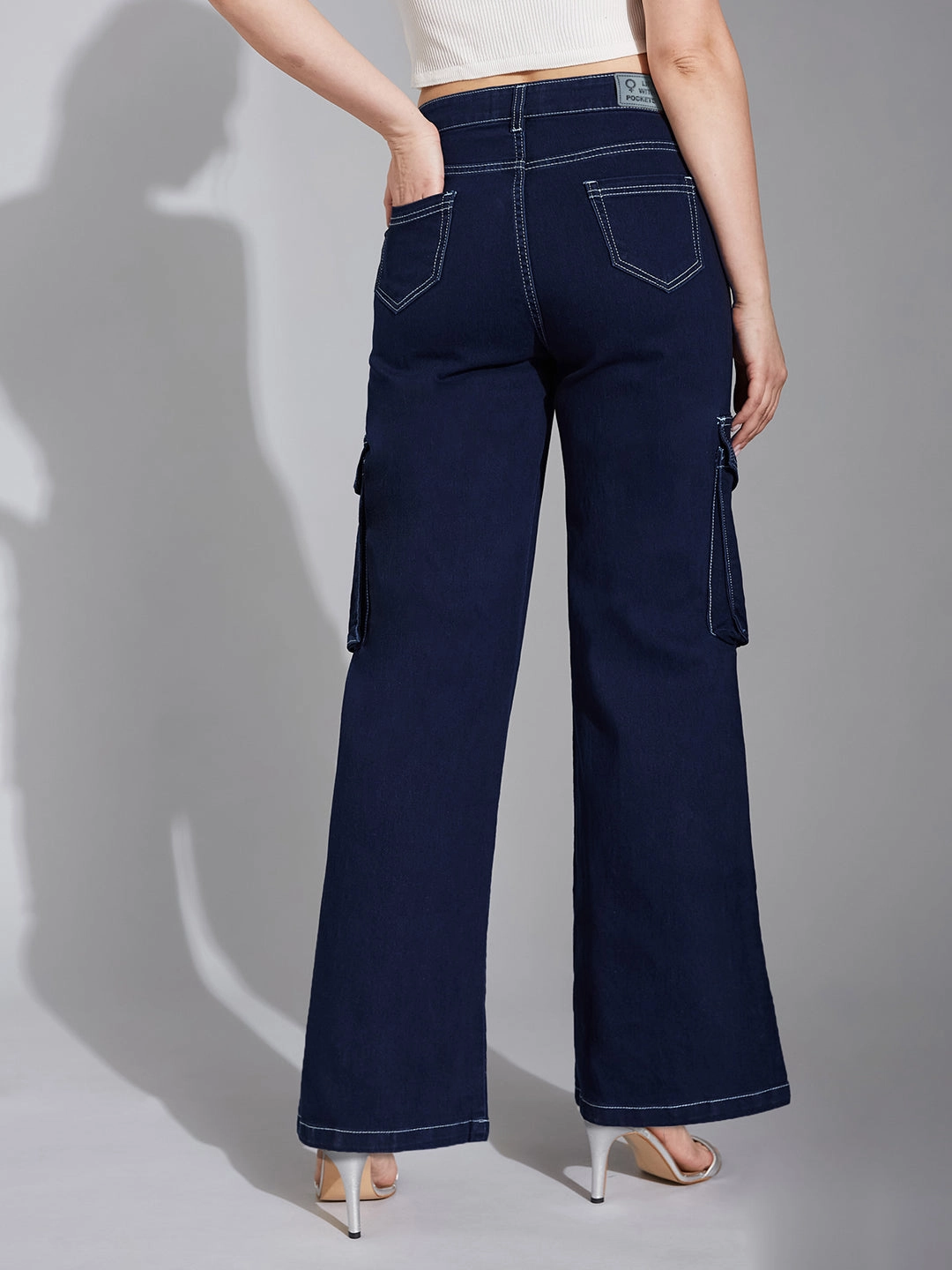 24/7 Comfort Navy-Blue Wide-Leg High-Rise Stretchable Baggy Denim Jeans Neutral Style