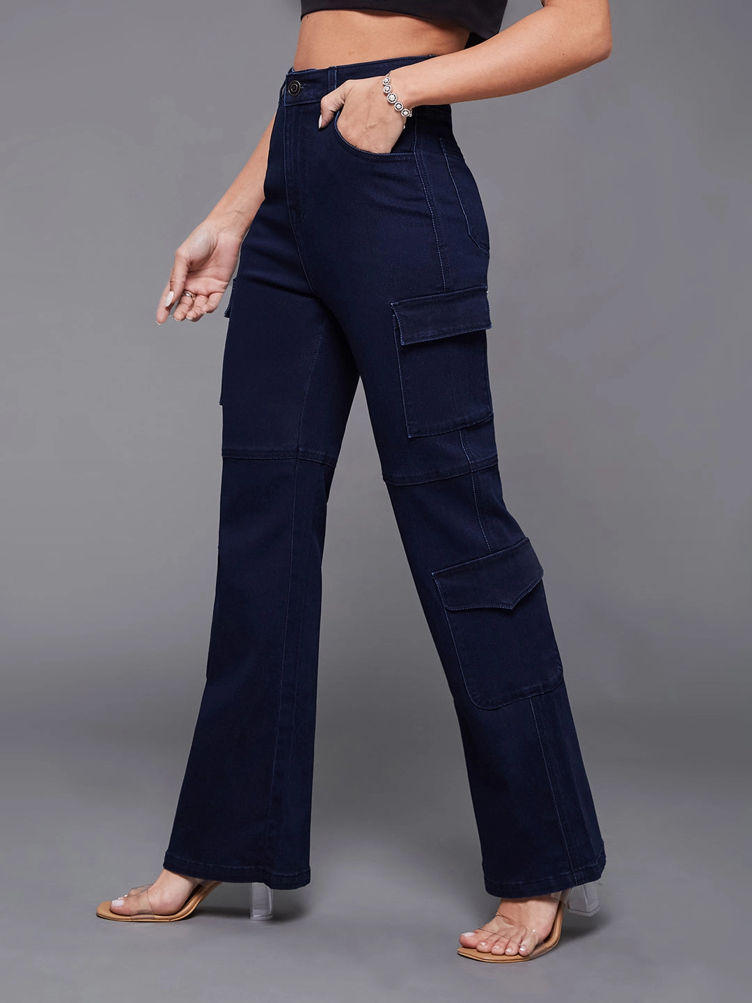 Fashionable Fit Base Wear 24/7 Comfort Navy-Blue Wide-Leg High-Rise Stretchable Denim Jeans