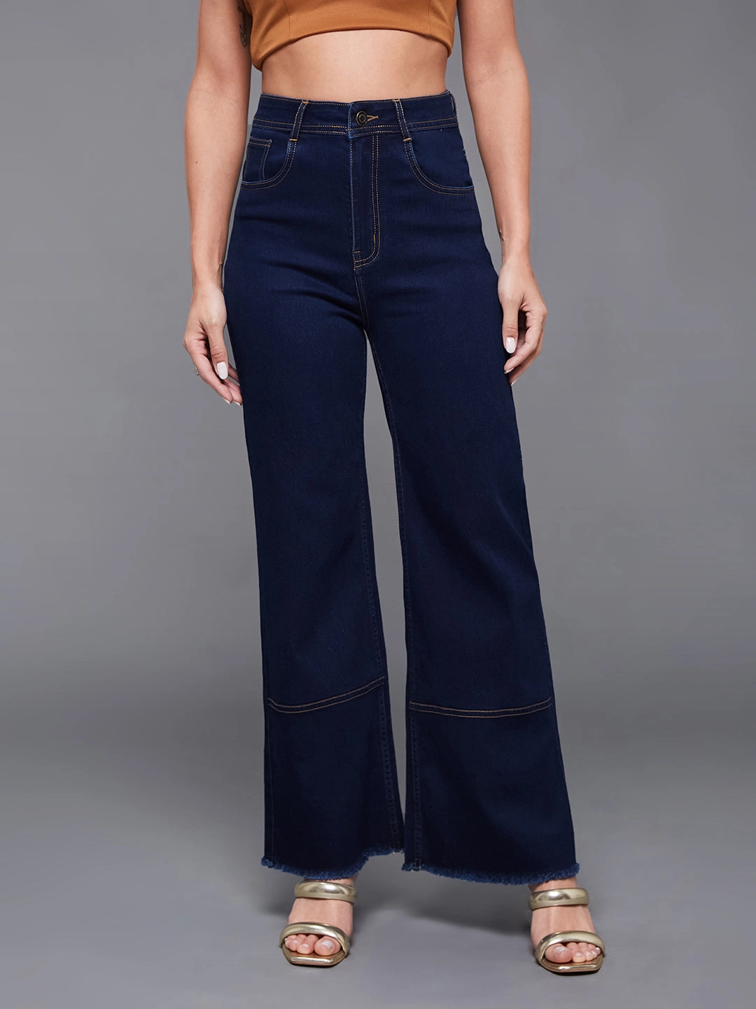 24/7 Comfort Navy-Blue Wide-Leg High-Rise Stretchable Denim Jeans Multi Season Piece Fashionable Touch