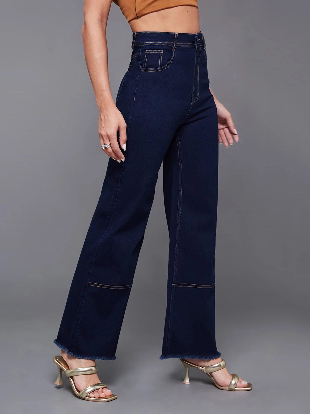 24/7 Comfort Navy-Blue Wide-Leg High-Rise Stretchable Denim Jeans Artist Vibe Smooth