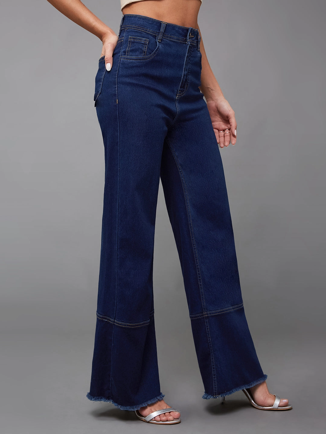 24/7 Comfort Navy-Blue Wide-Leg High-Rise Stretchable Denim Jeans Minimalist Daily Wear Loose