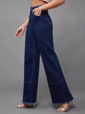 24/7 Comfort Navy-Blue Wide-Leg High-Rise Stretchable Denim Jeans Breathable Feel