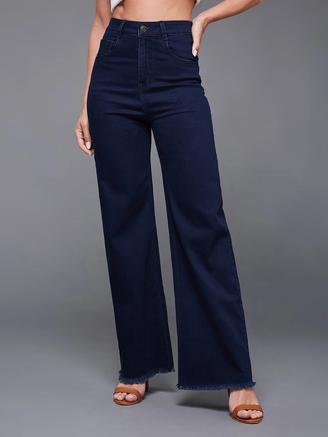 24/7 Comfort Navy-Blue Wide-Leg High-Rise Stretchable Denim Jeans Quick Dry Weave Technology