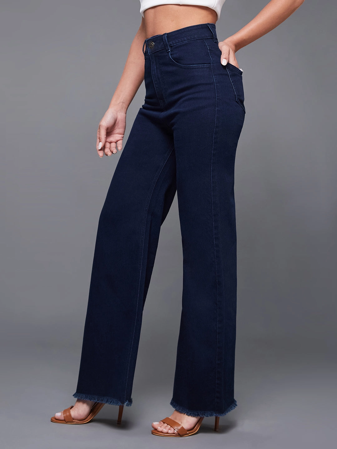 Natural Fit 24/7 Comfort Navy-Blue Wide-Leg High-Rise Stretchable Denim Jeans