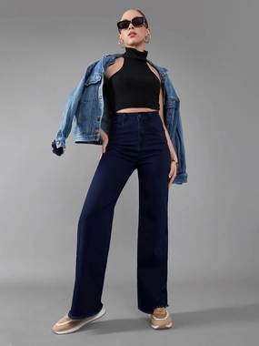 24/7 Comfort Navy-Blue Wide-Leg High-Rise Stretchable Denim Jeans Festival Outfit Comfy Brunch Outfit Classic Wear Luxury