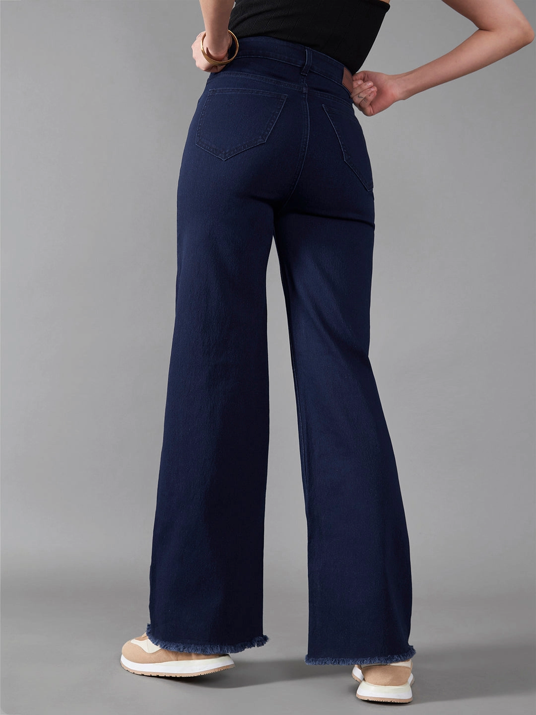 Daily Basic Ready to Wear 24/7 Comfort Navy-Blue Wide-Leg High-Rise Stretchable Denim Jeans