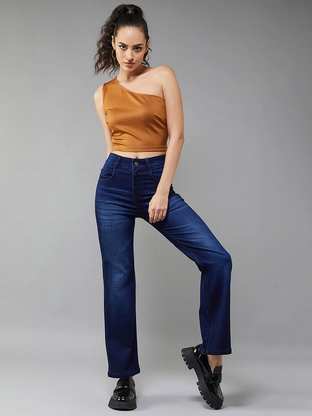 24/7 Comfort Navy-Blue Wide-Leg Mid-Rise Stretchable Denim Jeans Professional Wear Artist Vibe
