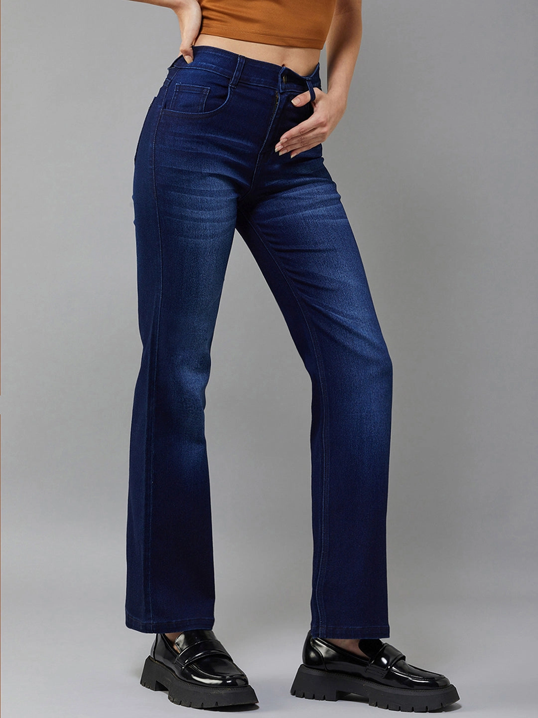 24/7 Comfort Navy-Blue Wide-Leg Mid-Rise Stretchable Denim Jeans Casual Solution