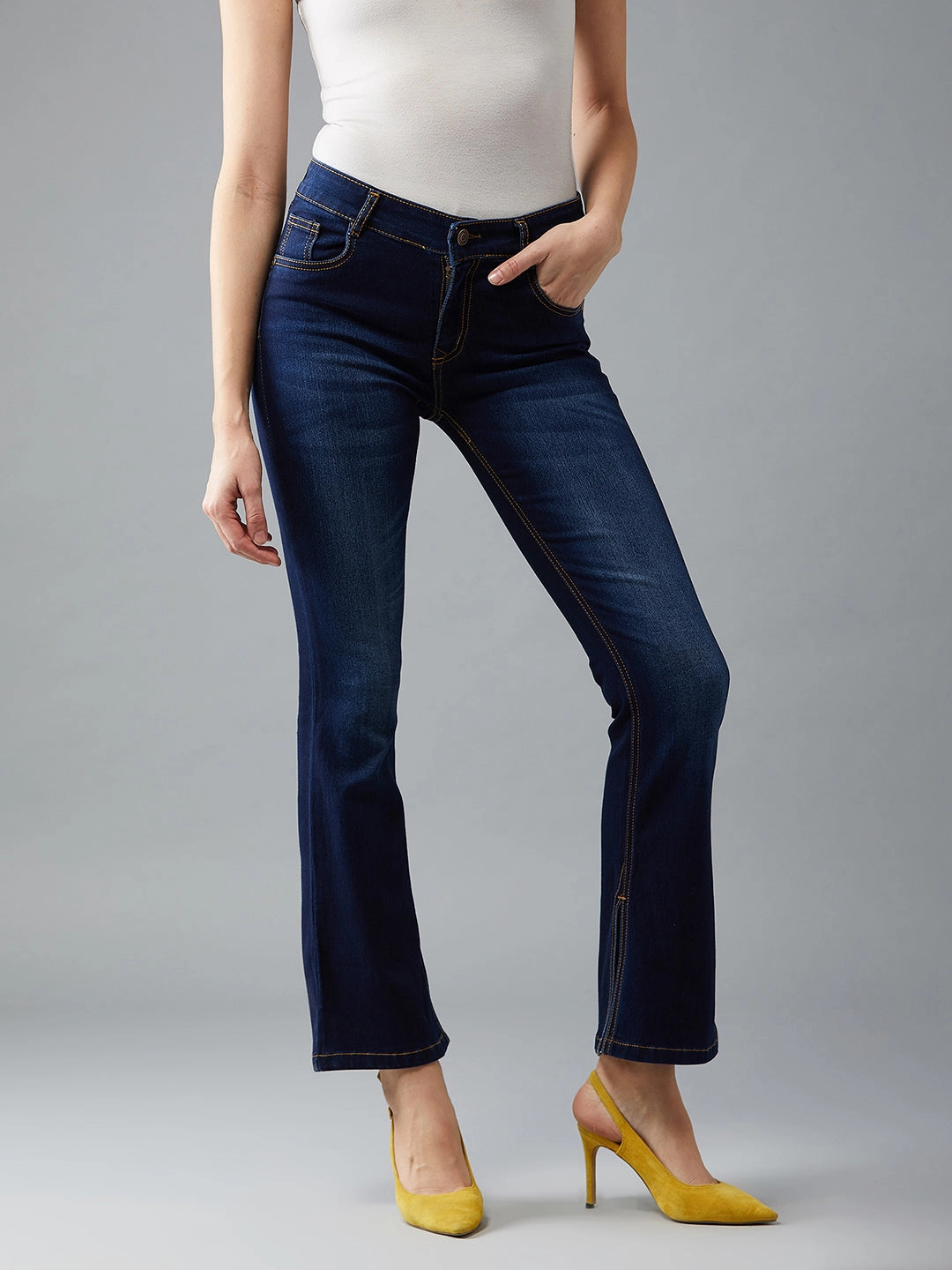 24/7 Comfort Retro Blue Bell-Bottom Bootcut Hourglass Mid-Rise Stretchable Denim Jeans Family Style Minimalist Style Date Night Travel Ease