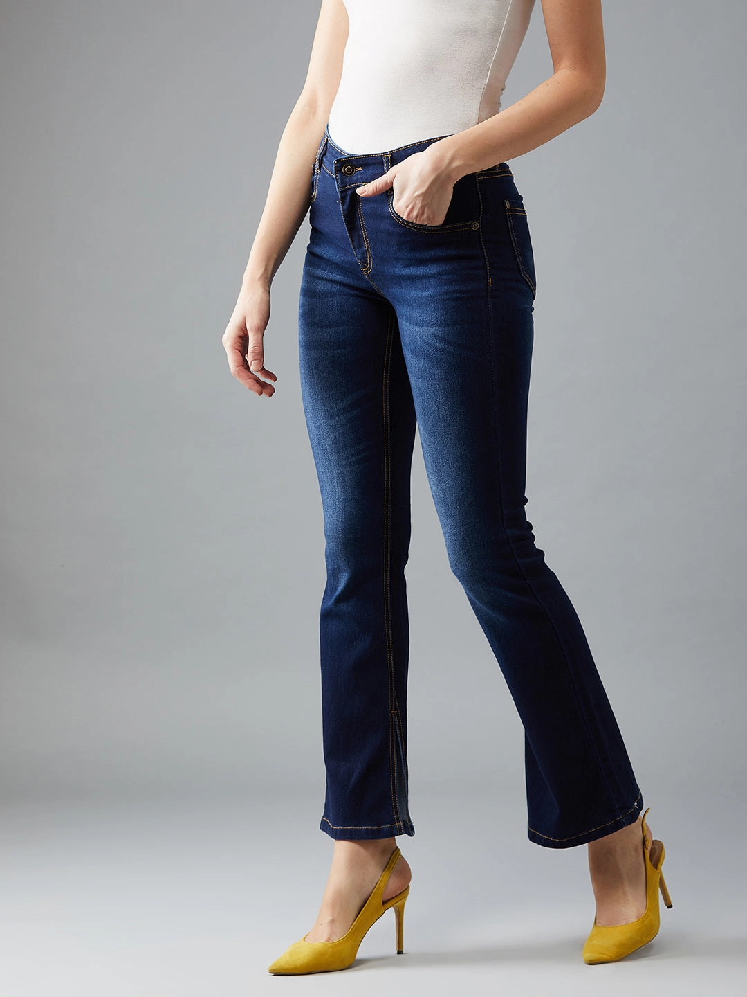Stay Stylish 24/7 Comfort Retro Blue Bell-Bottom Bootcut Hourglass Mid-Rise Stretchable Denim Jeans