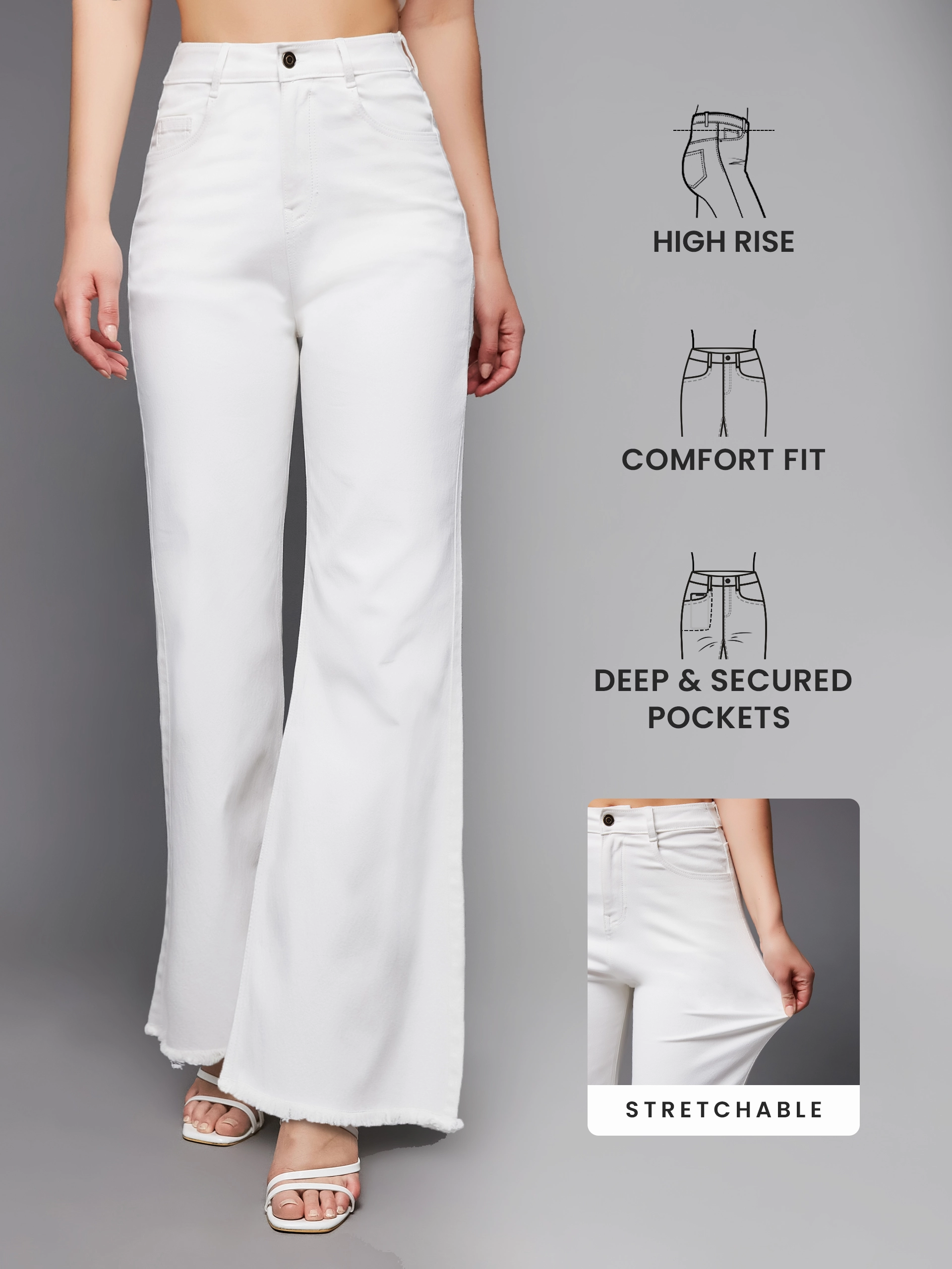 24/7 Comfort White Bell-Bottom Bootcut High-Rise Stretchable Denim Jeans Simple Utility Urban Look