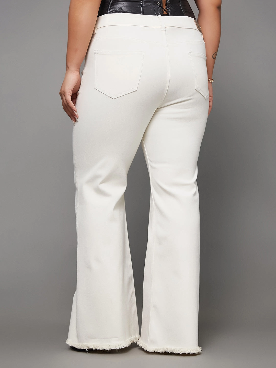 24/7 Comfort White Bell-Bottom Bootcut High-Rise Stretchable Denim Jeans Vintage Inspired Weave Relaxed Tailoring