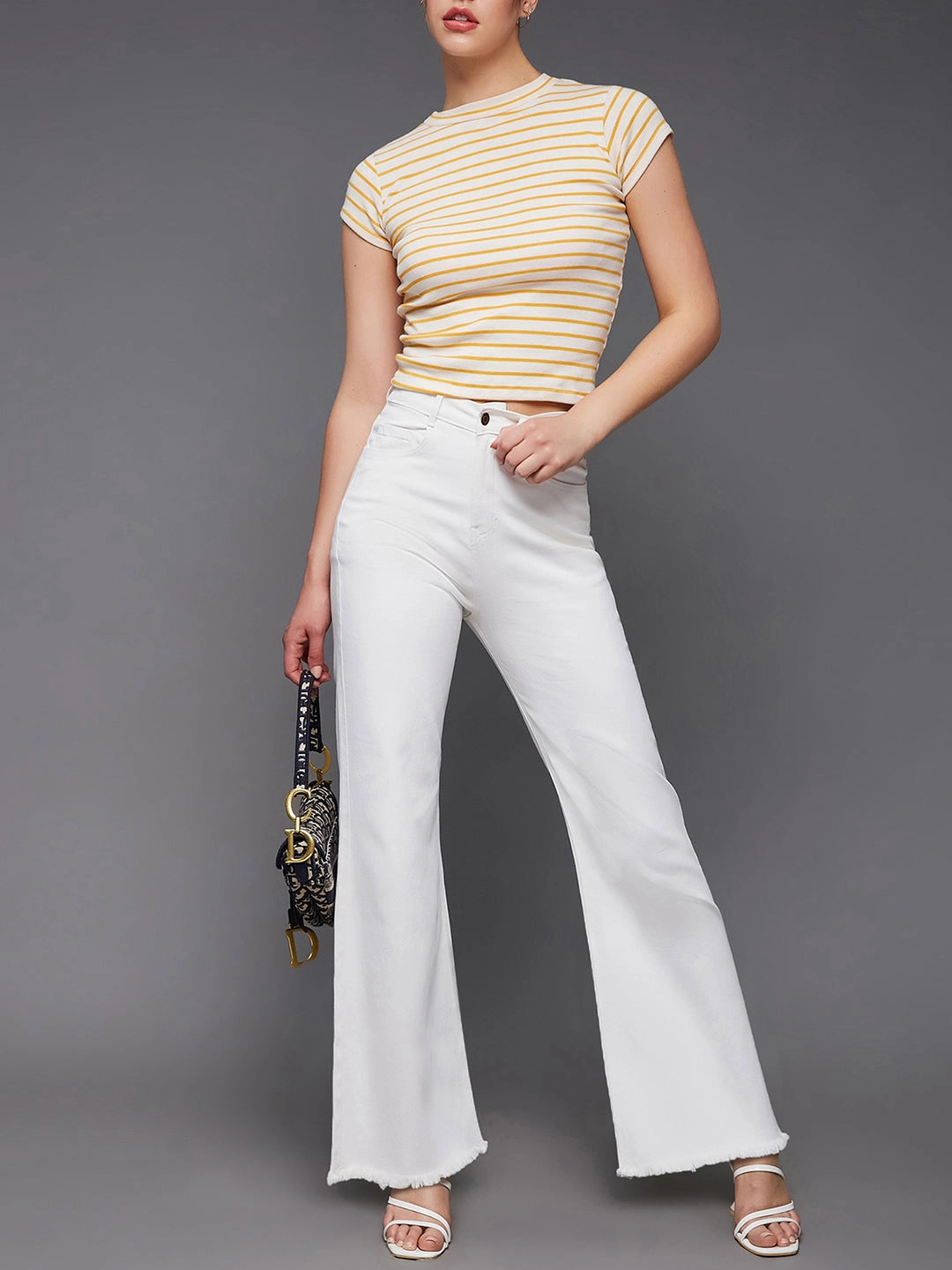 24/7 Comfort White Bootcut High-Rise Stretchable Denim Jeans Picnic Style Textured Layer Ready