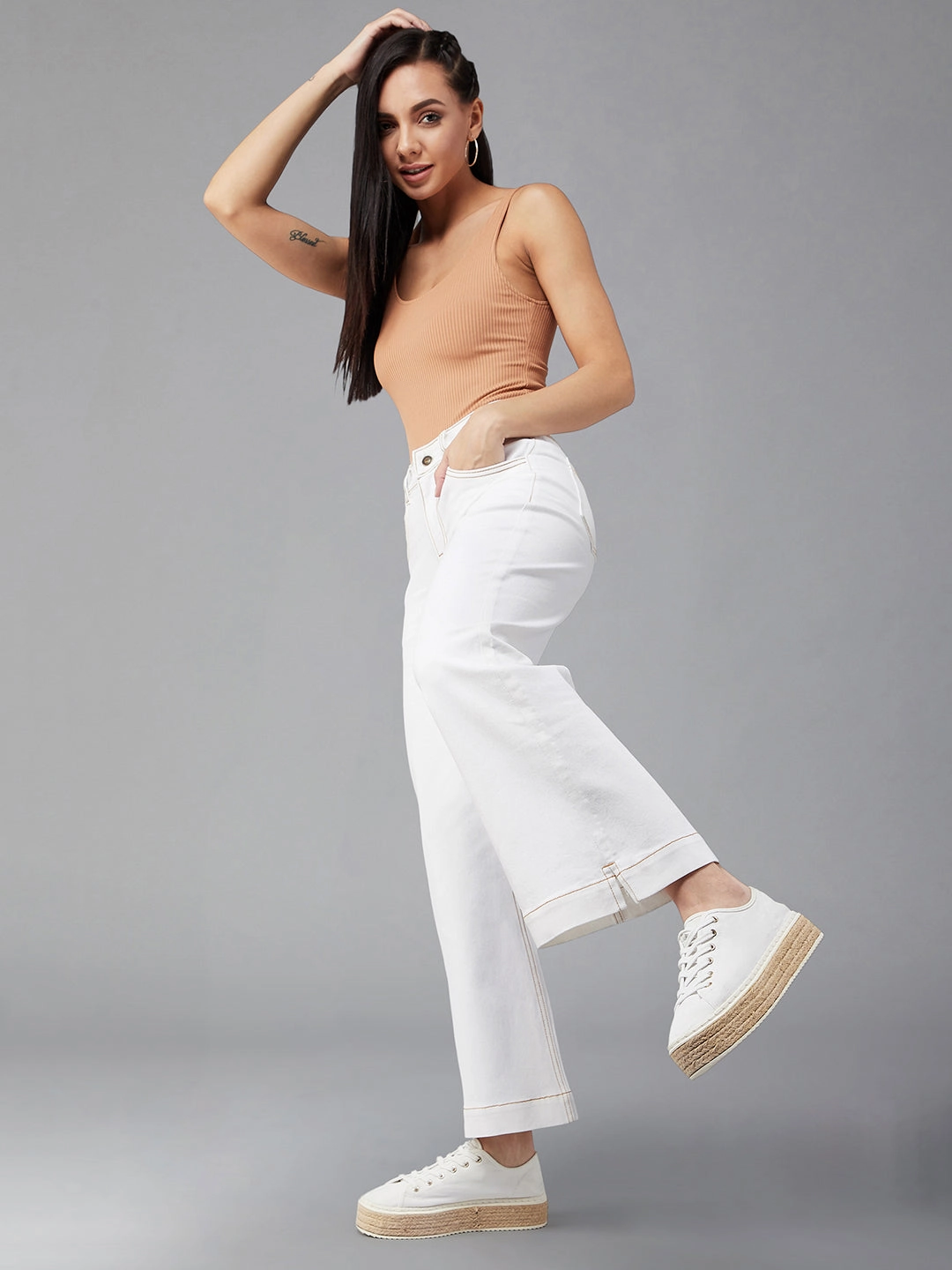 Office Friendly 24/7 Comfort White Flared Mid-Rise Ankle length Stretchable Denim Jeans