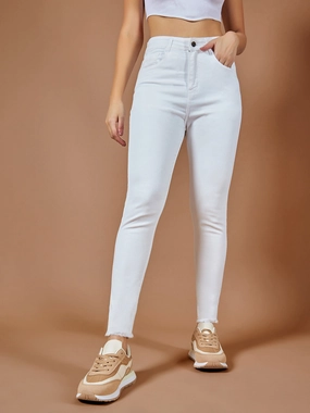 Party Look Sunny Vibes Couple Look 24/7 Comfort White Skinny-Fit High-Rise Cropped Raw Edge Detailing Stretchable Denim Jeans