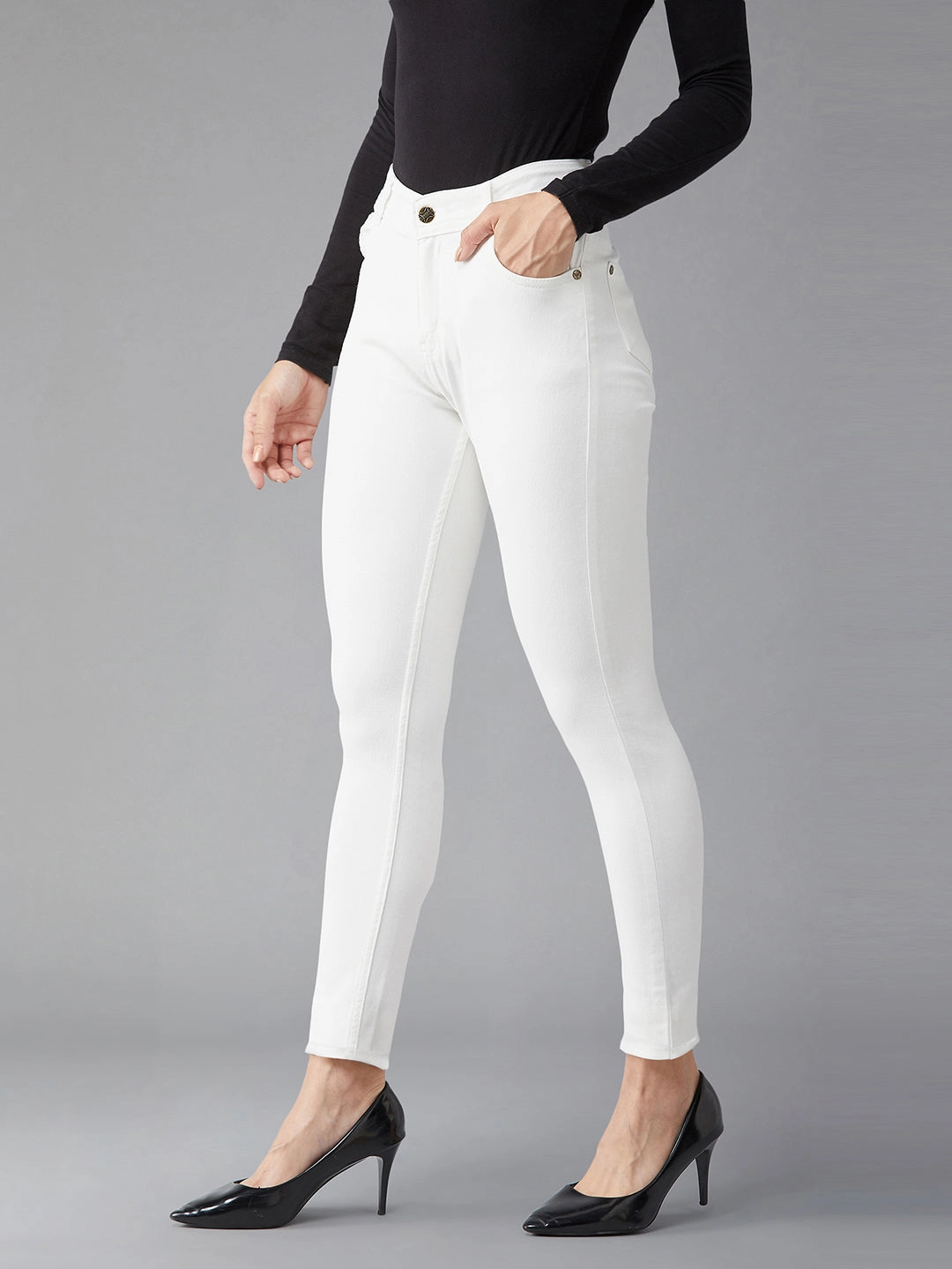 24/7 Comfort White Skinny High-Rise Stretchable Denim Jeans Sandblasted Details Color Lock Technology