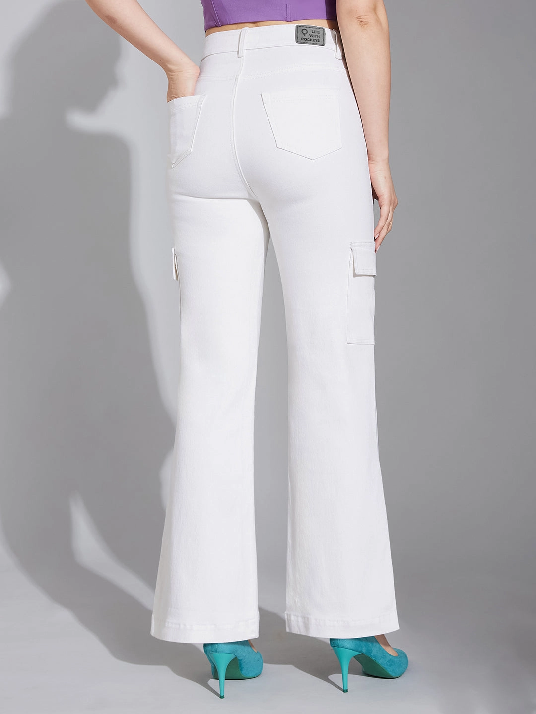 Seamless Waistband Finish 24/7 Comfort White Wide-Leg High-Rise Clean-Look Stretchable Denim Jeans