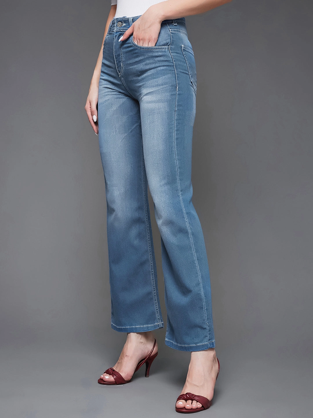 24/7 Comfort Women's Light Blue Wide-Leg Mid-Rise Light weight Denim Jeans Base Fit Piece