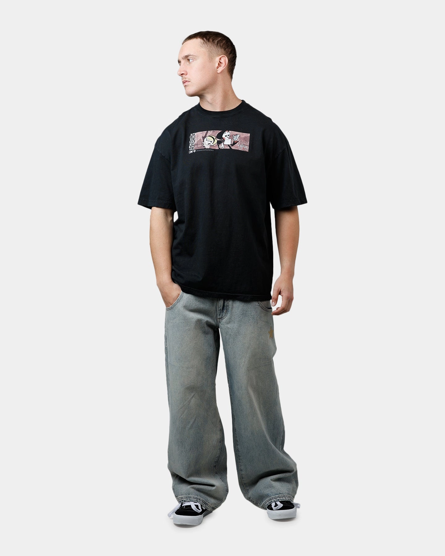 73 Studio X Cartoon Network Bill & Mandy Grail Vintage T-Shirt Black Acidwash TaglessNecklineComfort