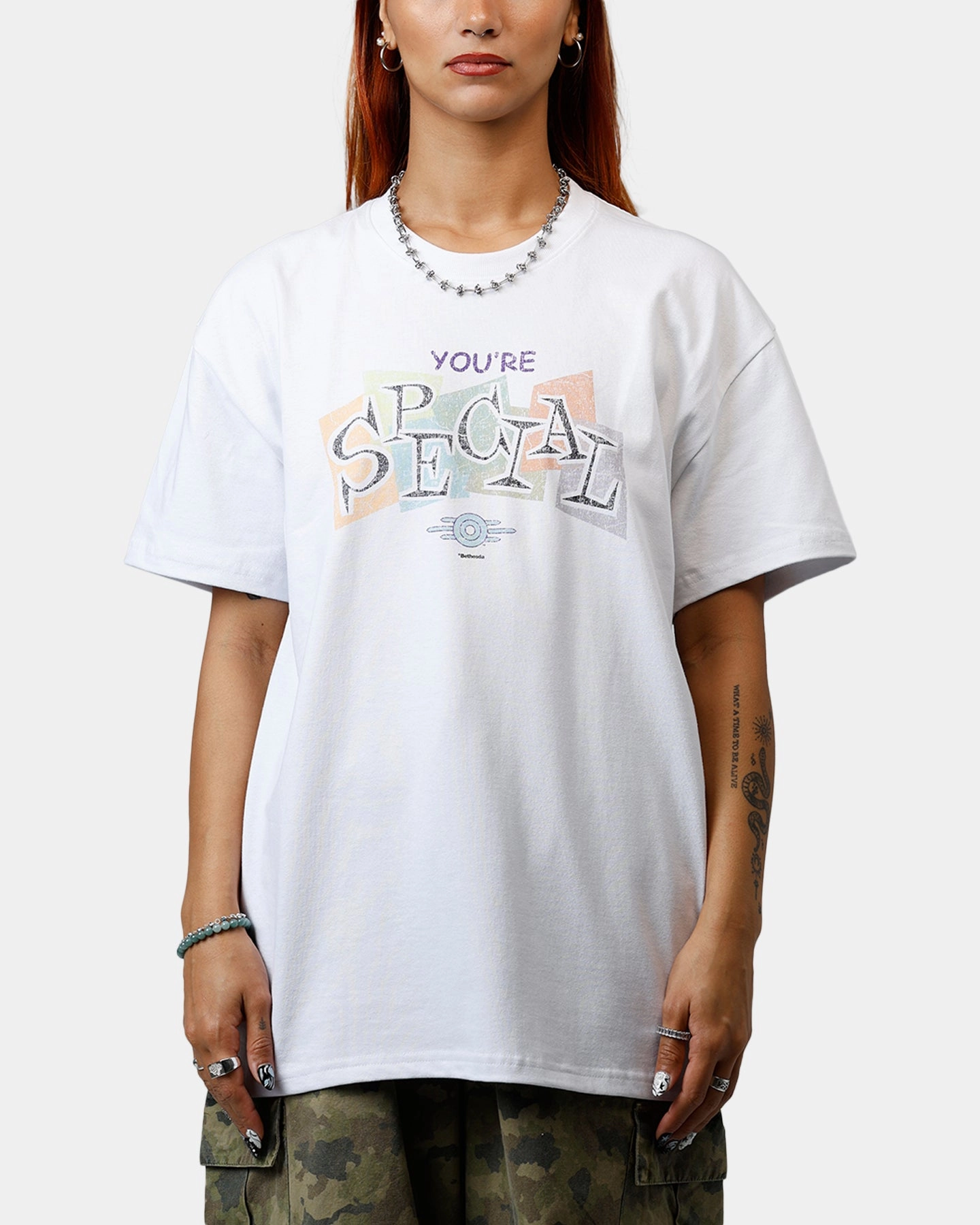 73 Studio X Fallout '76 S.P.E.C.I.A.L Vintage T-Shirt White Built In Filter Layer Quick Release Buttons