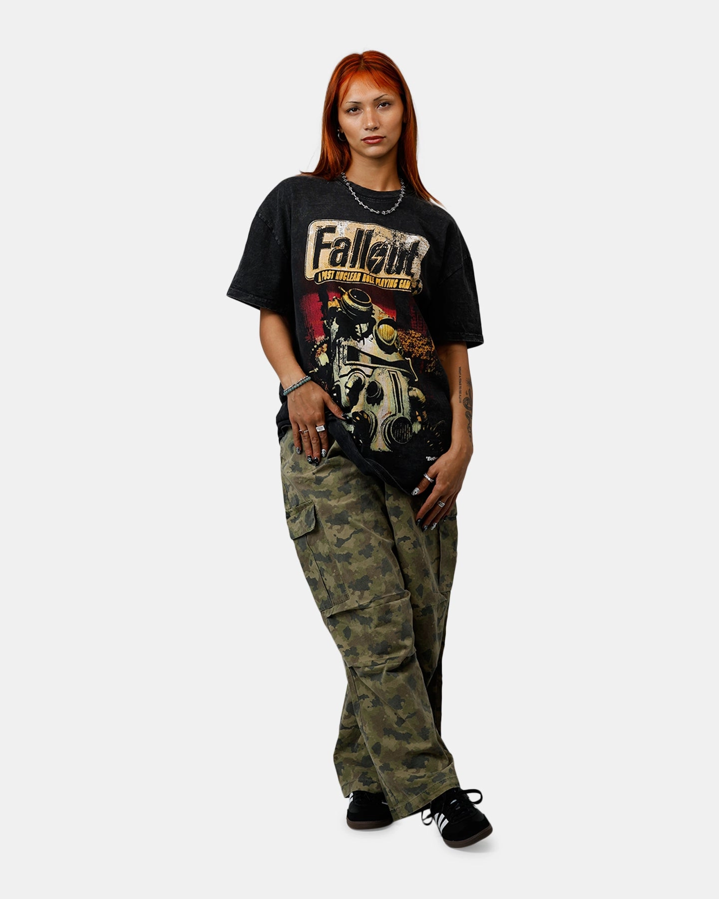 73 Studio X Fallout '97 Fallout Vintage T-Shirt Black Acidwash FlatlockStitching Casual Style