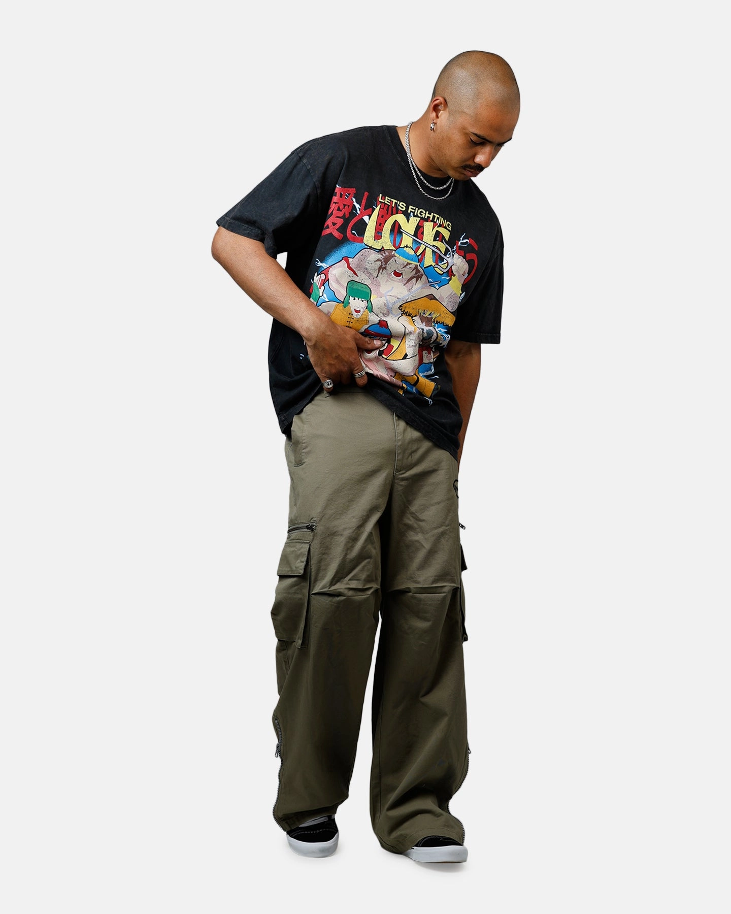 Torsion Support Structure Reinforced Neckline 73 Studio x South Park Lets Fighting Love Heavyweight T-Shirt Black Acidwash