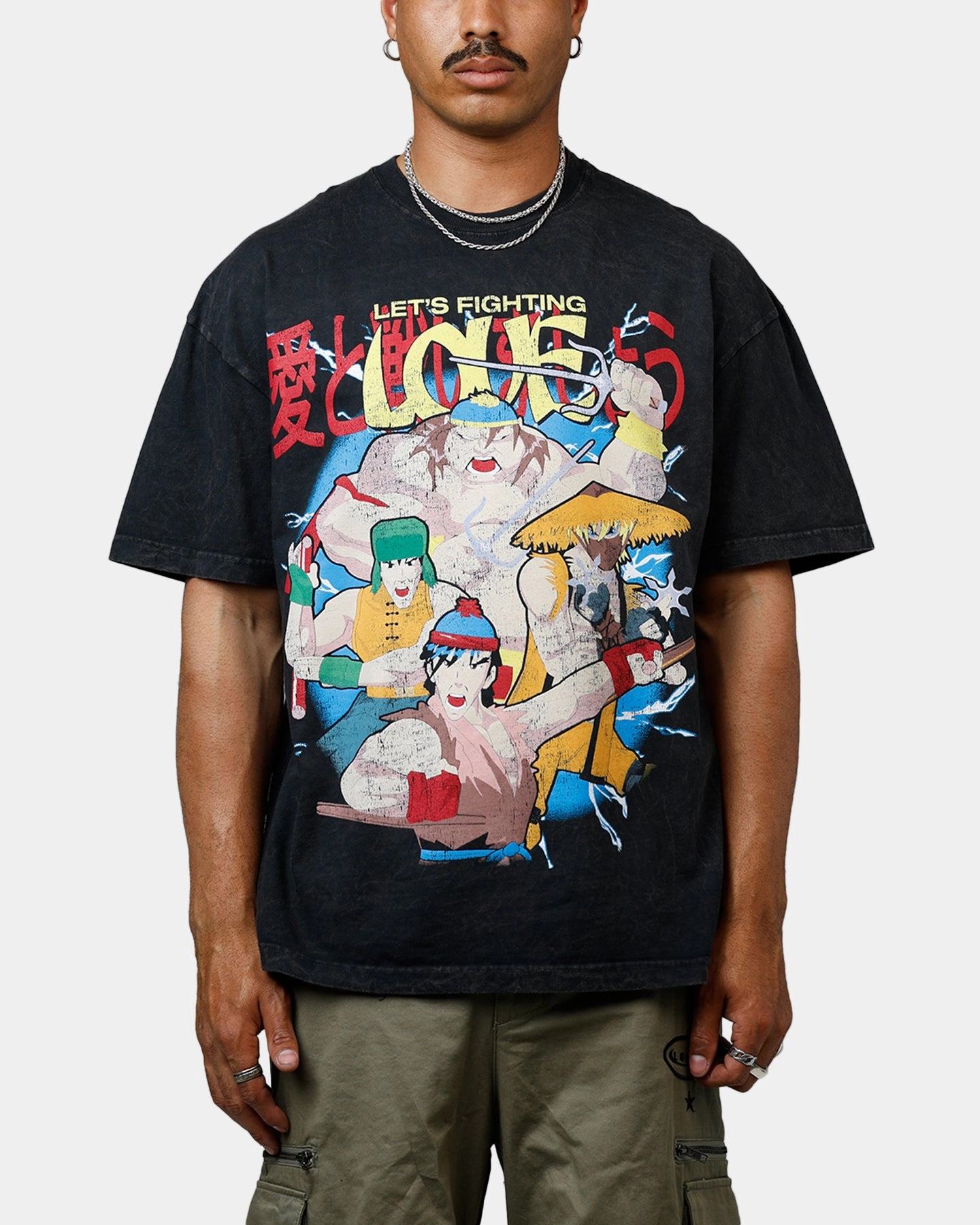 73 Studio x South Park Lets Fighting Love Heavyweight T-Shirt Black Acidwash Garment Washed Softness