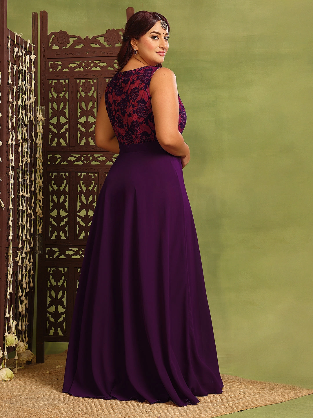 Exclusive-Design Women's Dark Purple Sleeveless Georgette & Lace Floral Fit & Flare Maxi Dress