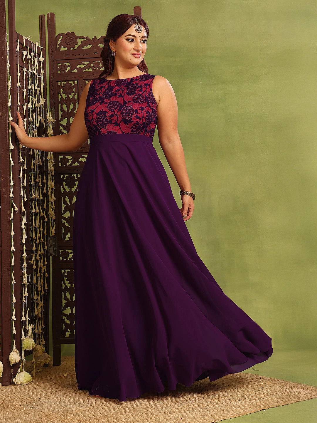 Flowy-Shape Sophisticated Edge Women's Dark Purple Sleeveless Georgette & Lace Floral Fit & Flare Maxi Dress