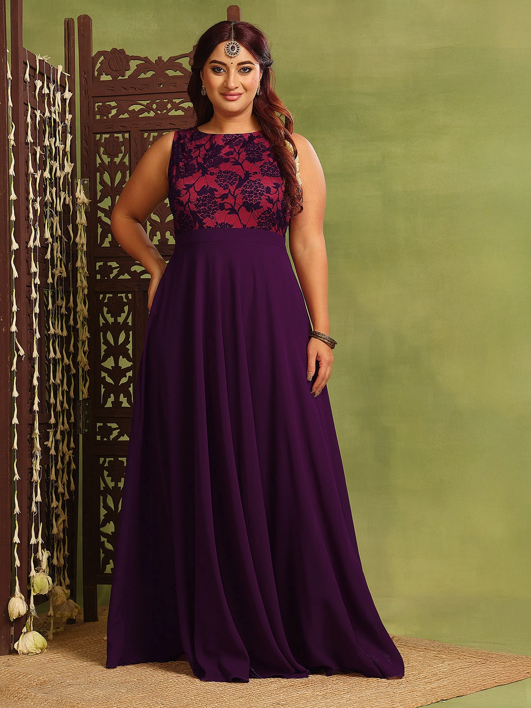 Relaxed fit wear Sleek And Stylish Women's Dark Purple Sleeveless Georgette & Lace Floral Fit & Flare Maxi Dress