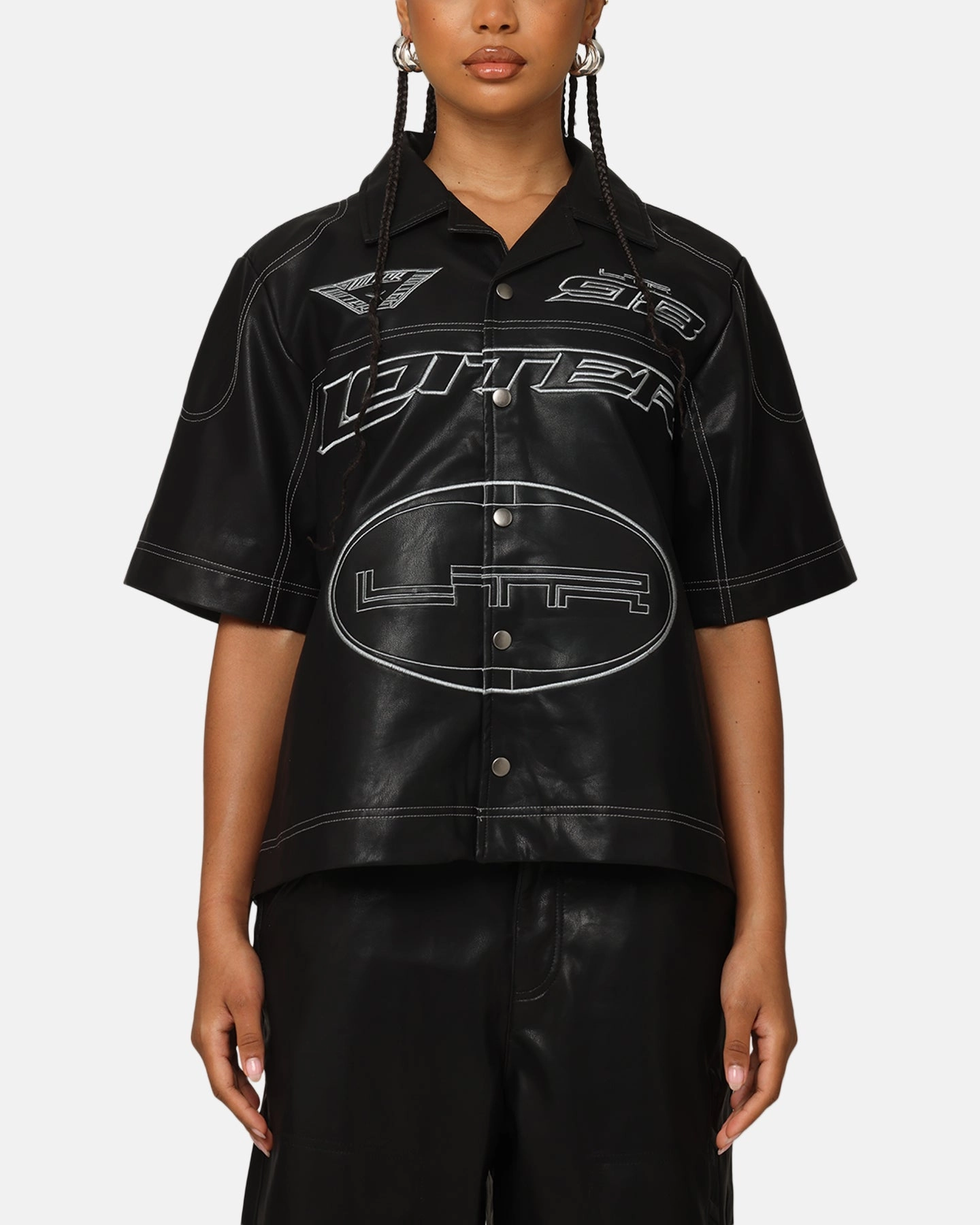 Breathable Mesh Insert Loiter Motor PU Leather Button Up Shirt Black