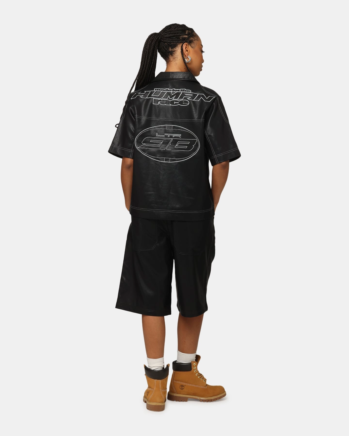 Multi Pocket Configuration Loiter Motor PU Leather Button Up Shirt Black