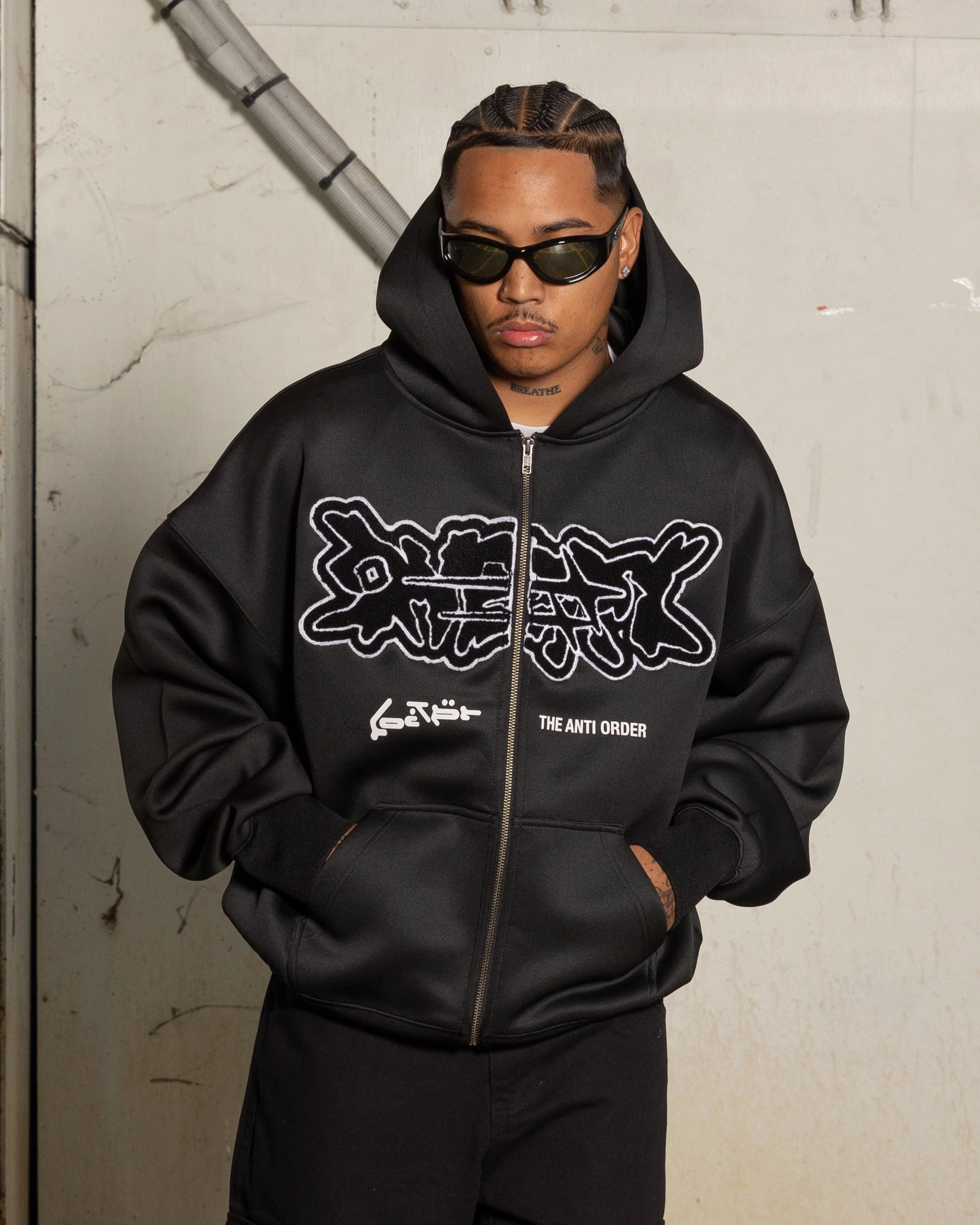 Loiter X The Anti Order Zip Hoodie Black Fade Resistant Finish EcoCertified Material