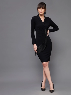 Smooth Detail Trendy Everyday Crease Ease Black Solid Collared Neck Full Sleeve Bodycon Knee Length Blazer Dress