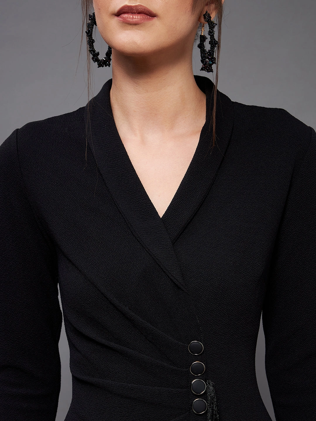 Crease Ease Black Solid Collared Neck Full Sleeve Bodycon Knee Length Blazer Dress Timeless Layering