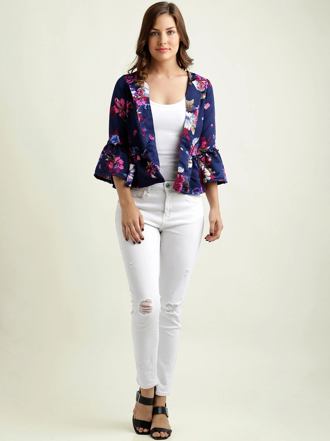 FleeceLined Women's Multicolored Round Neck 3/4 Sleeve Floral Ruffled Open Front Jacket