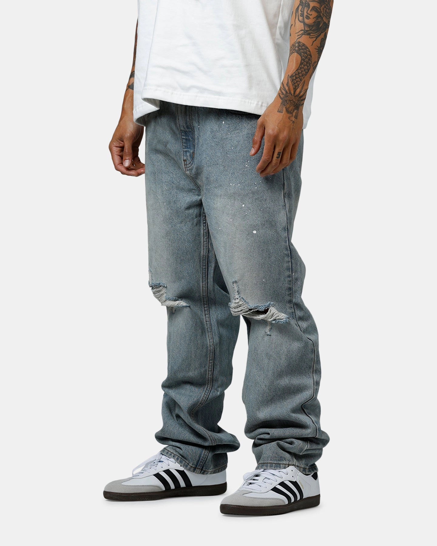 Simple Silhouette Perfectly Relaxed MNML Painted Straight Denim Jeans Light Blue