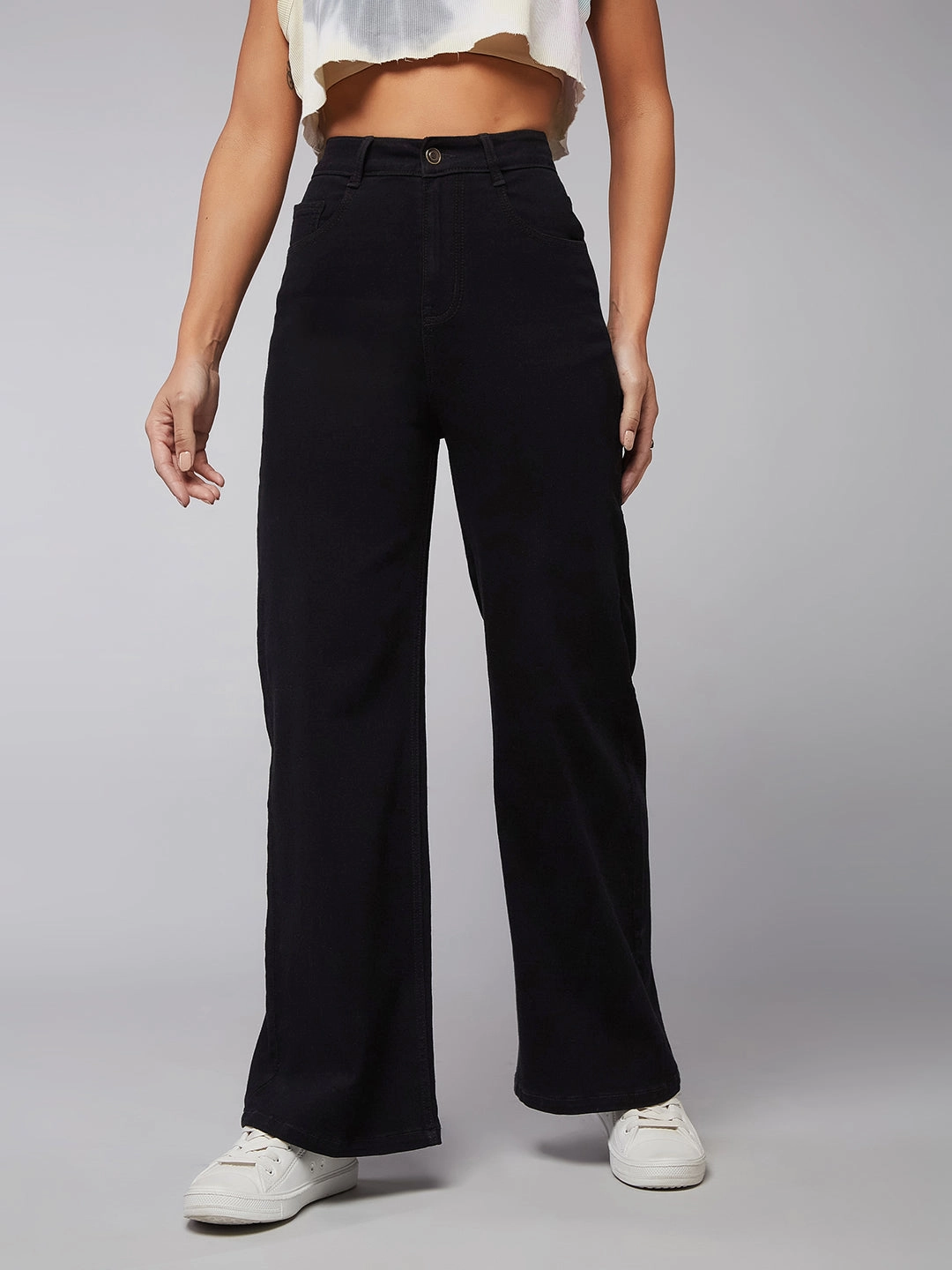 CHASEstretch? Black Wide-Leg High-Rise Denim Jeans Clean Style Smart Casual Athlete Fit