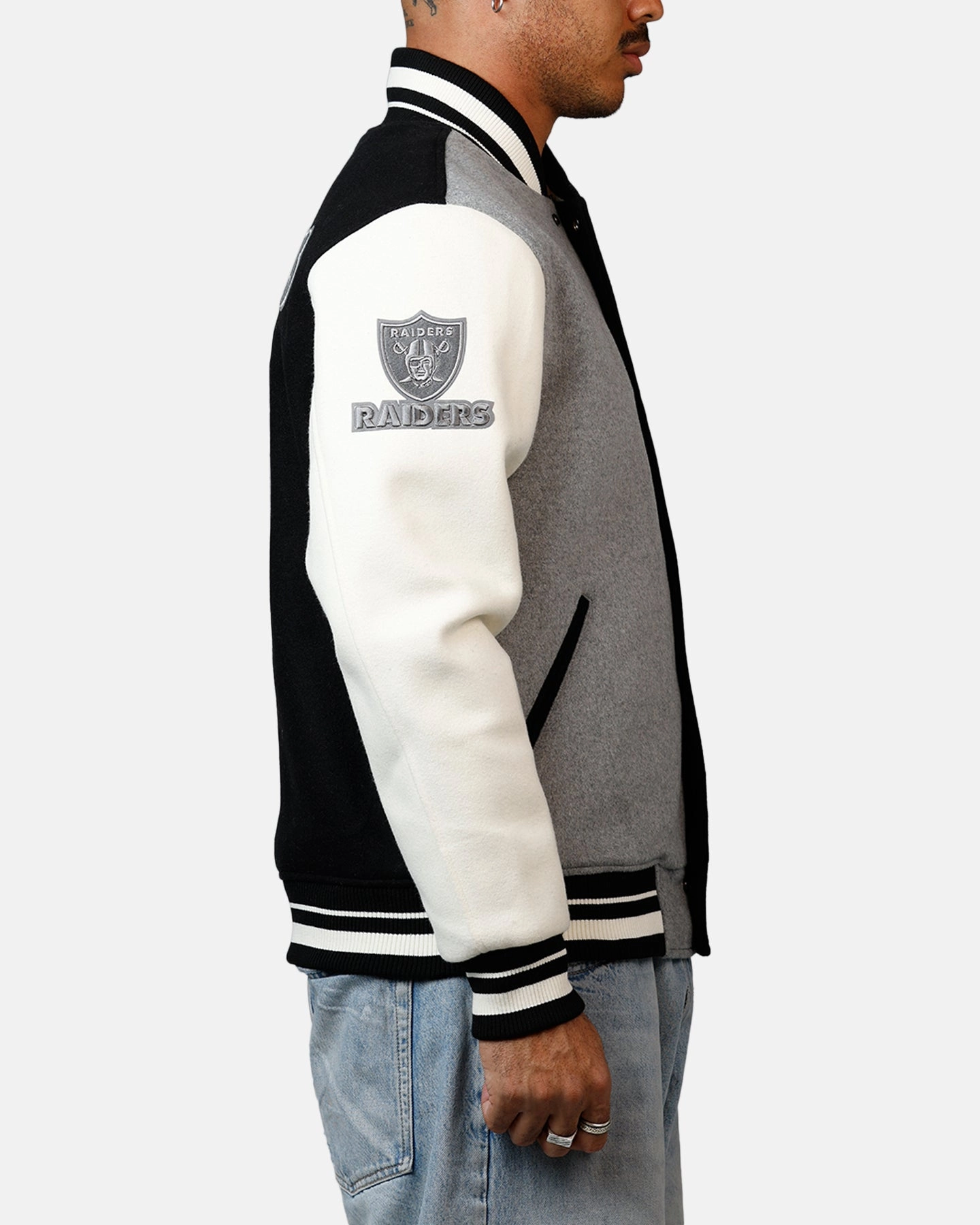 Pro Standard Las Vegas Raiders Reverse French Terry Wool Varsity Jacket Black/Grey Ripstop Technology
