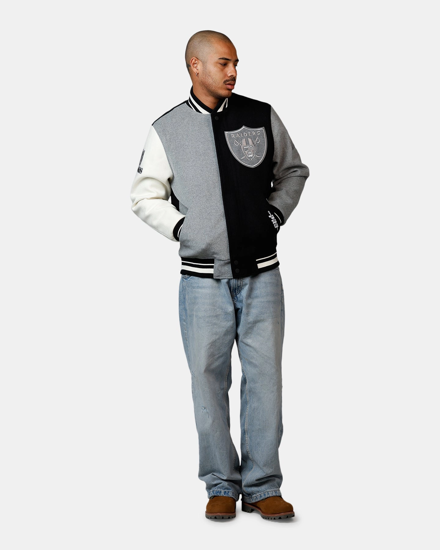 Reflective Detailing Pro Standard Las Vegas Raiders Reverse French Terry Wool Varsity Jacket Black/Grey
