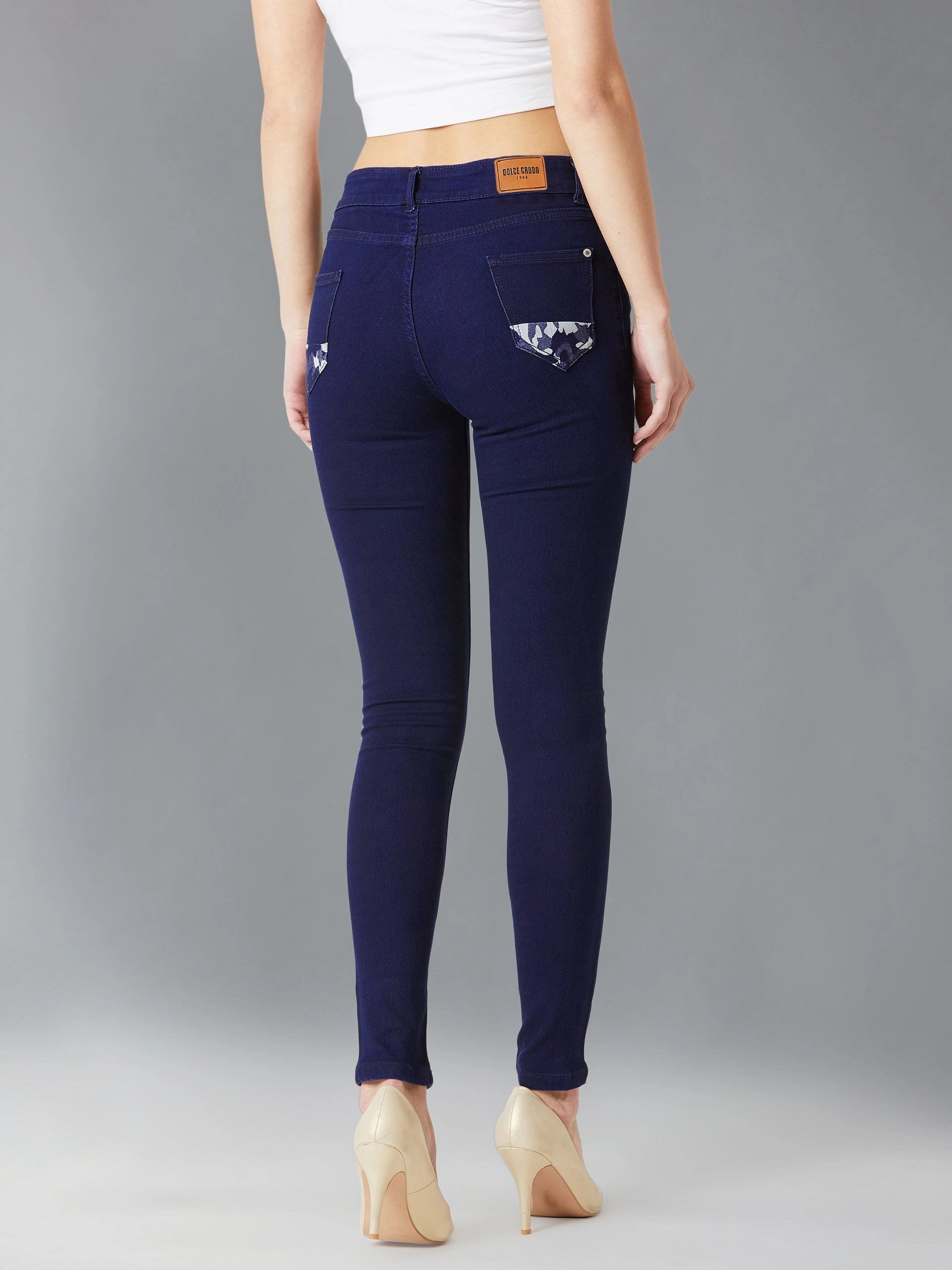 Everyday Party Look Tailored Comfort 24/7 Comfort Navy-Blue Printed Fabric Detailing Skinny-Fit Mid-Rise Stretchable Denim Jeans