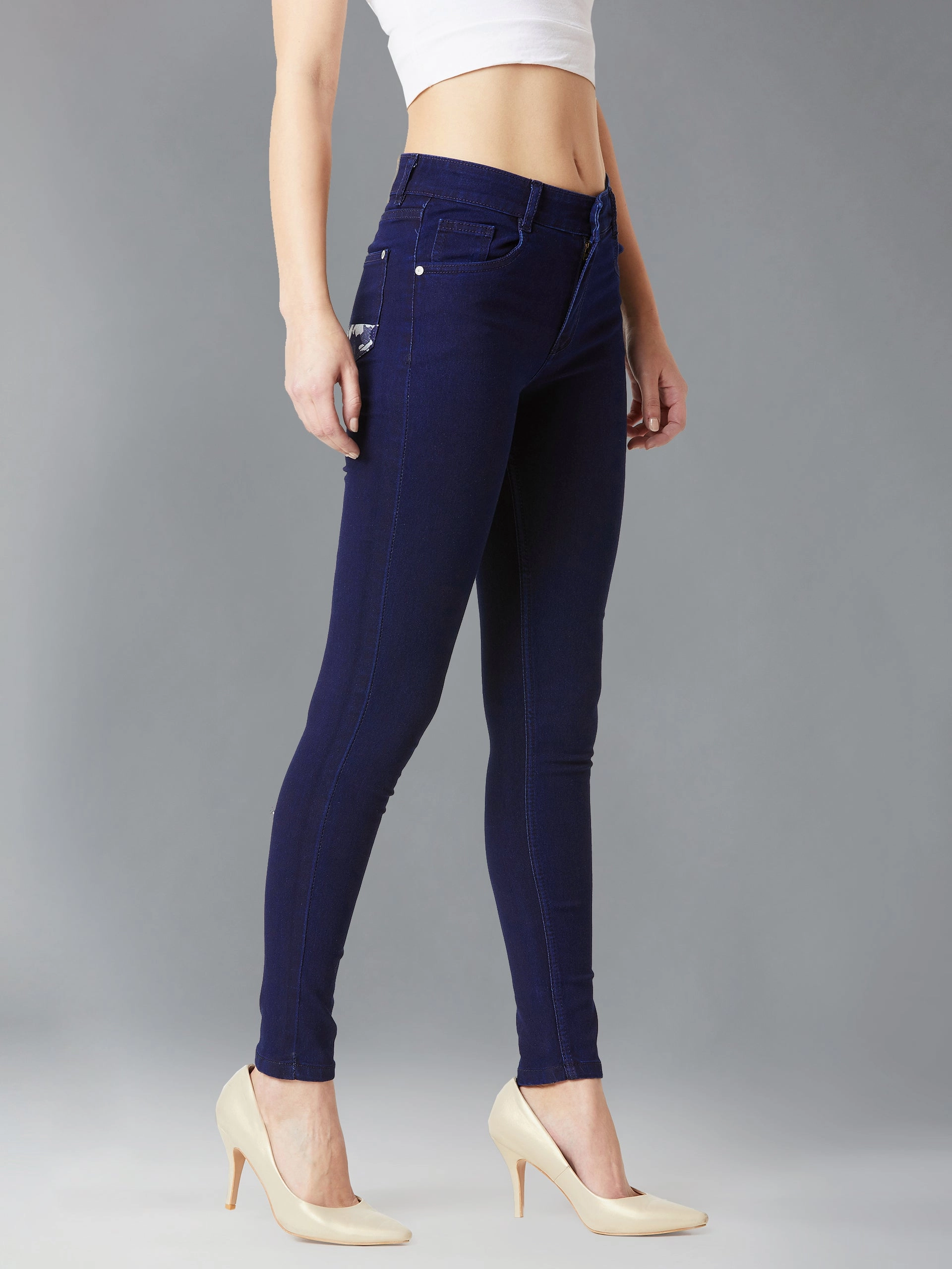 24/7 Comfort Navy-Blue Printed Fabric Detailing Skinny-Fit Mid-Rise Stretchable Denim Jeans Versatile Wear