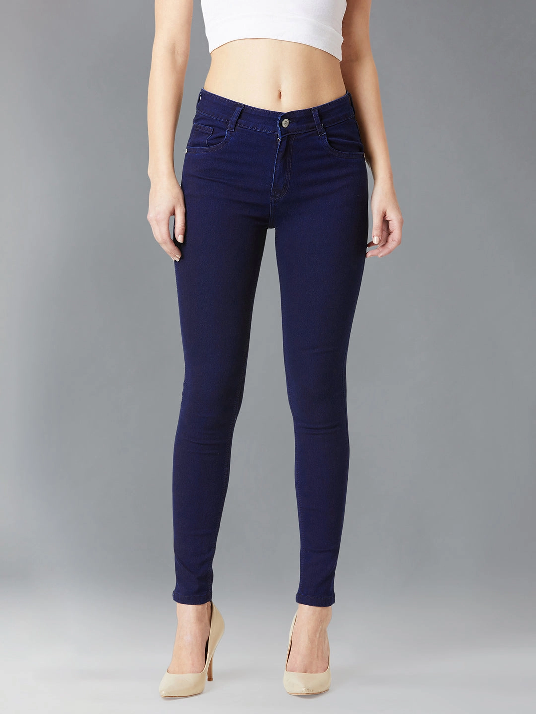 24/7 Comfort Navy-Blue Printed Fabric Detailing Skinny-Fit Mid-Rise Stretchable Denim Jeans Plain Favorite