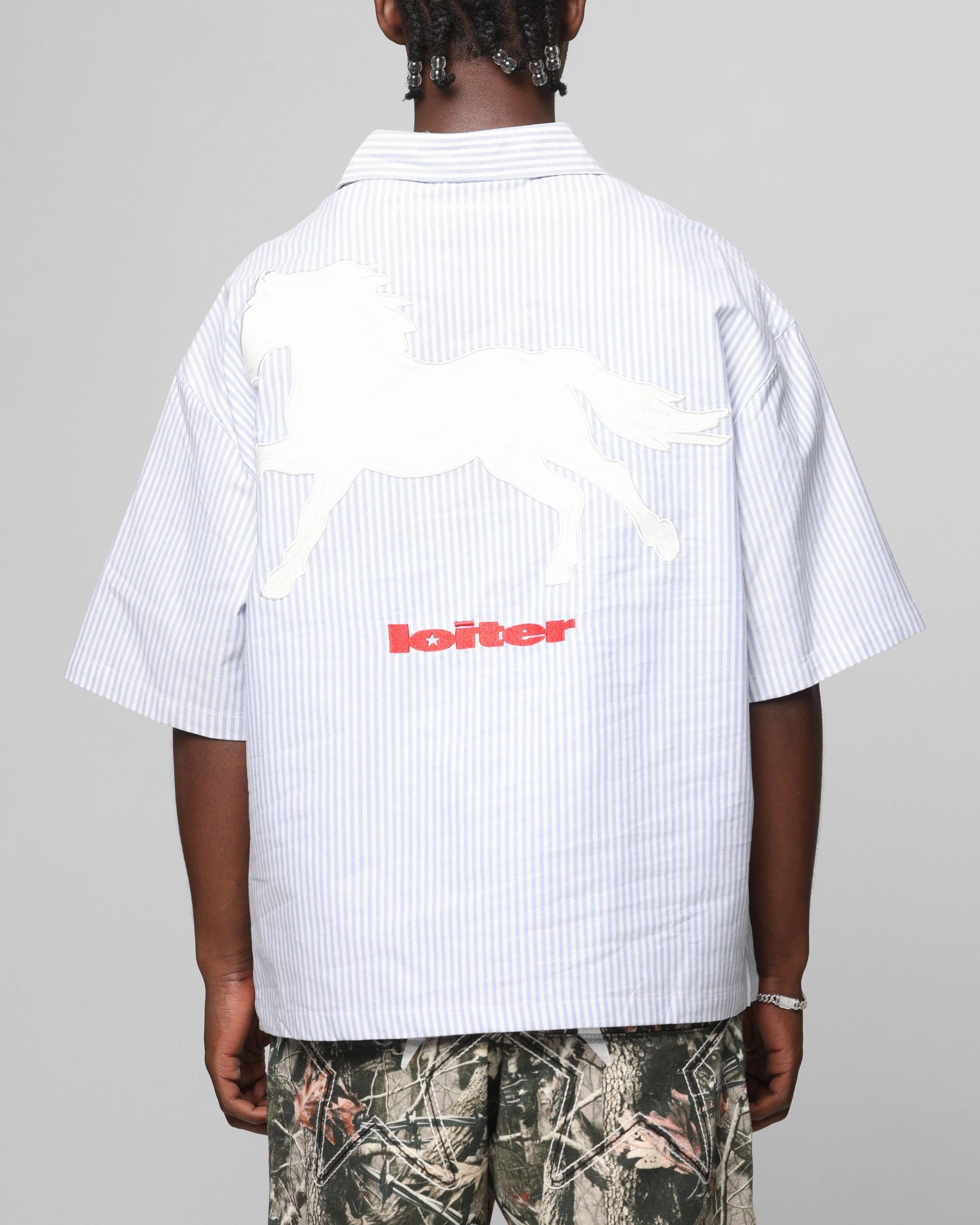 Ribbed Knit Fabric Basic Long Sleeve Loiter Rodeo Quarter Zip Up Shirt Blue Pin Stripe