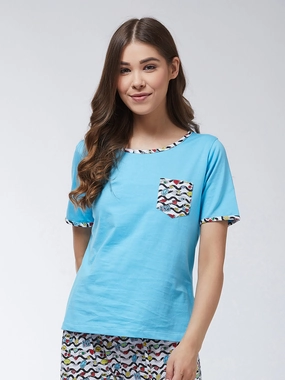 Wool Sweater Modern Polo Women's Blue Round Neck Short Sleeves Printed Regular length T-shirt