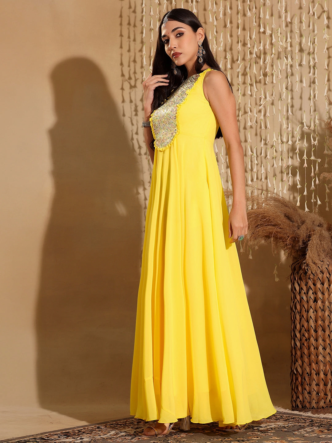 Women's Yellow Round Neck Sleeveless Embellished Frilled Georgette Maxi Dress Bodycon-Fit
