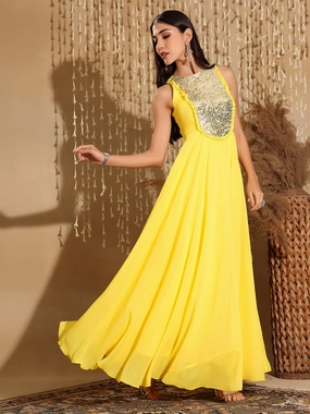 Fall Mood Romantic Style Women's Yellow Round Neck Sleeveless Embellished Frilled Georgette Maxi Dress